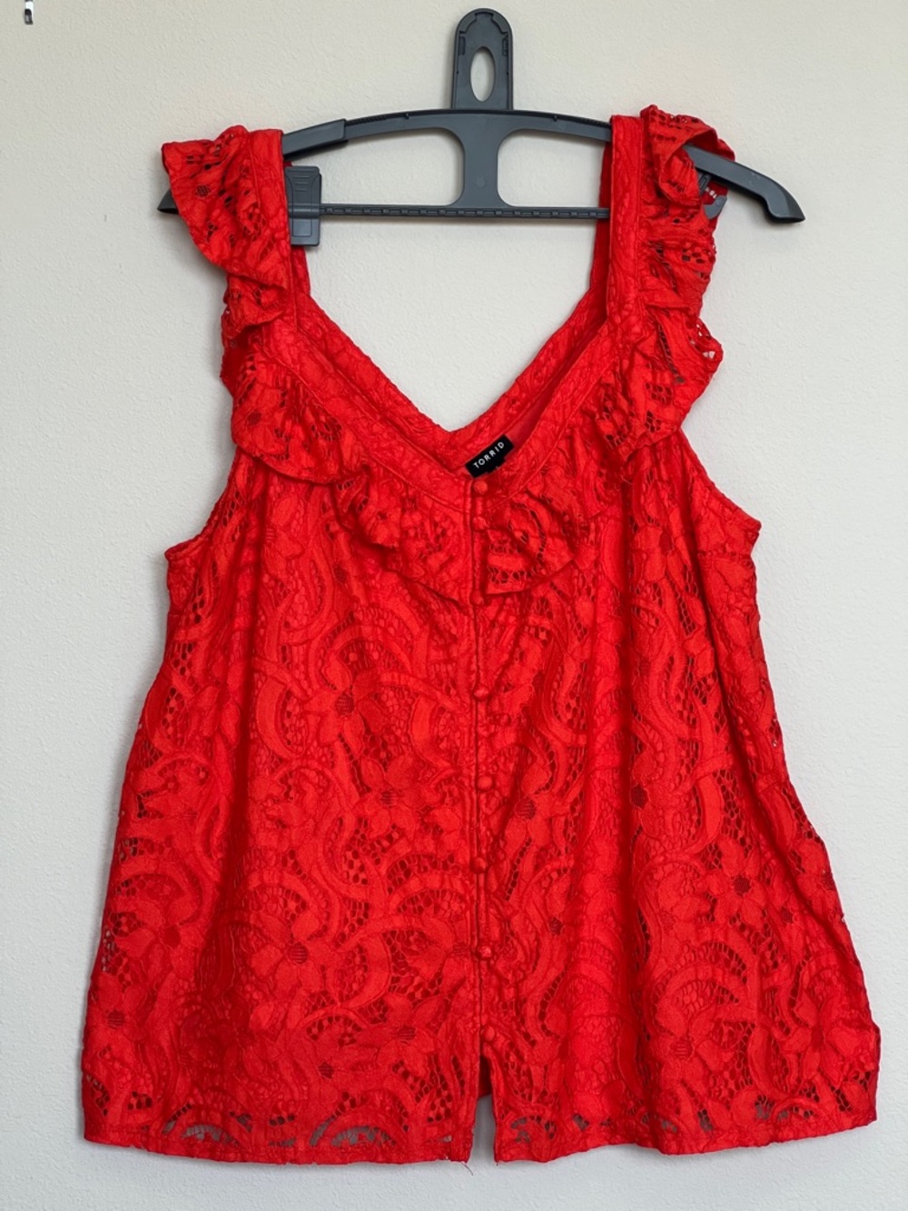 Torrid Tangerine Lace Ruffled V-Neck Sleeveless Top